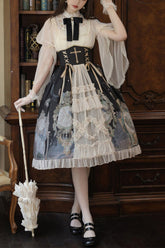 Ensemble Jupe Lolita Classique à Imprimé Papillon Horloge Volants Dentelle Cardigan Multicolore